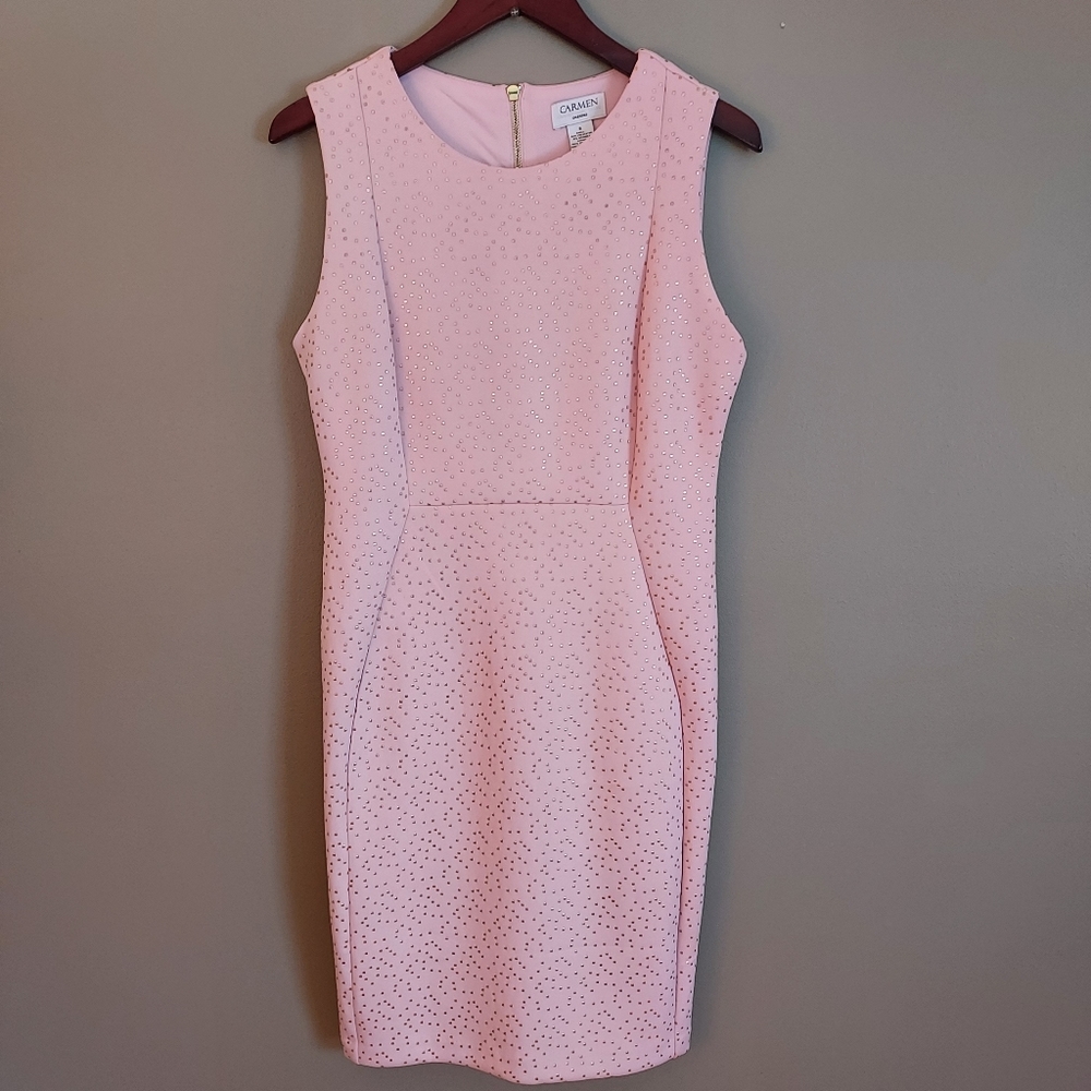 Carmen Marc Valvo Blush Pink Sheath Dress with Gold Size 8